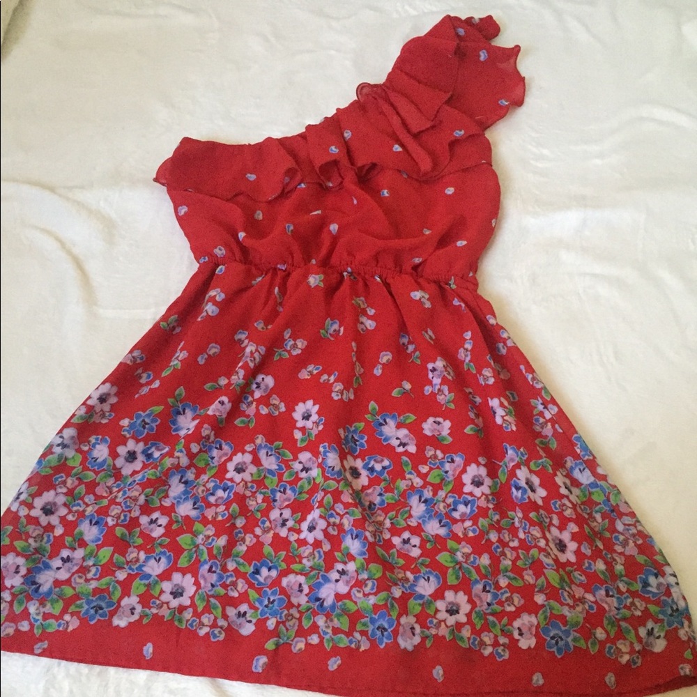One shoulder red floral dress